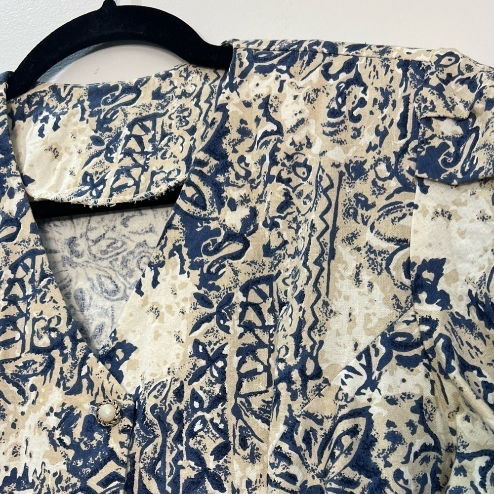 Vintage 80s 90s beige tan blue floral button front short sleeve maxi dress - Picture 6 of 10